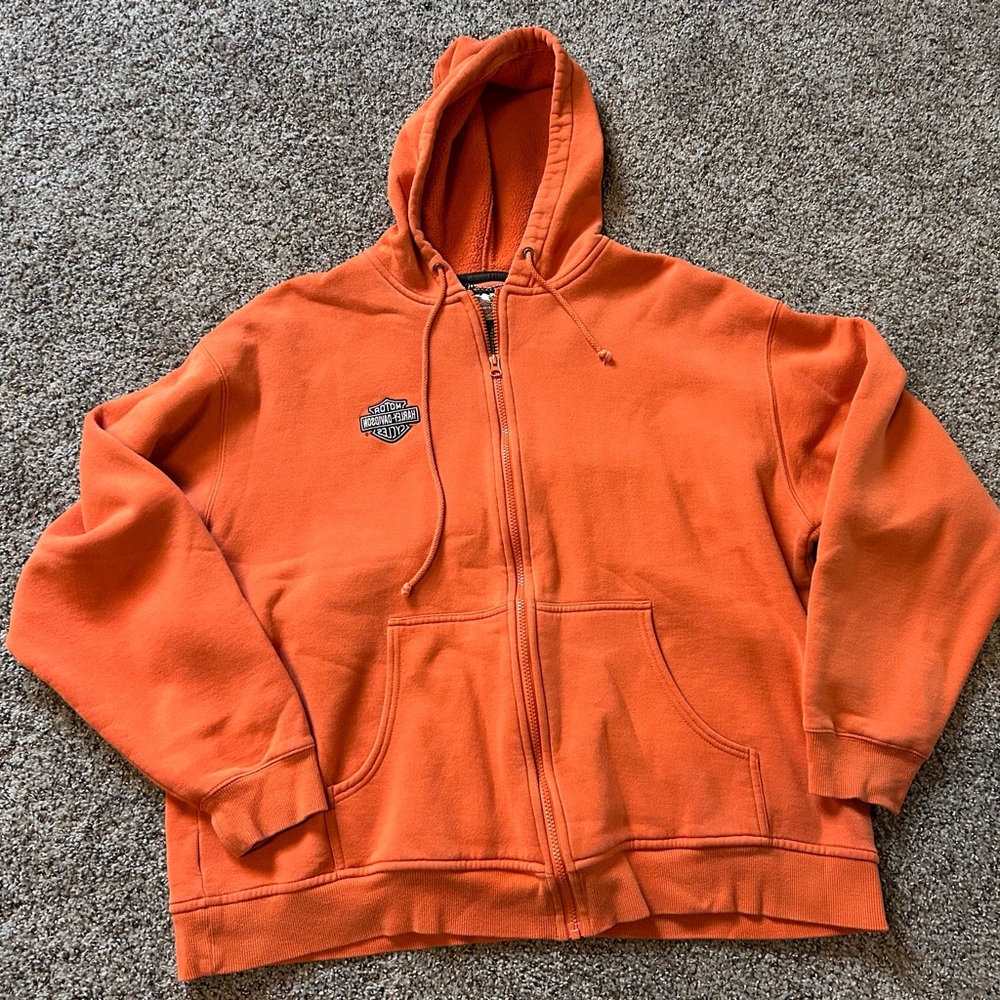 Harley-Davidson Orange Full Zip Hoodie XL Vintage